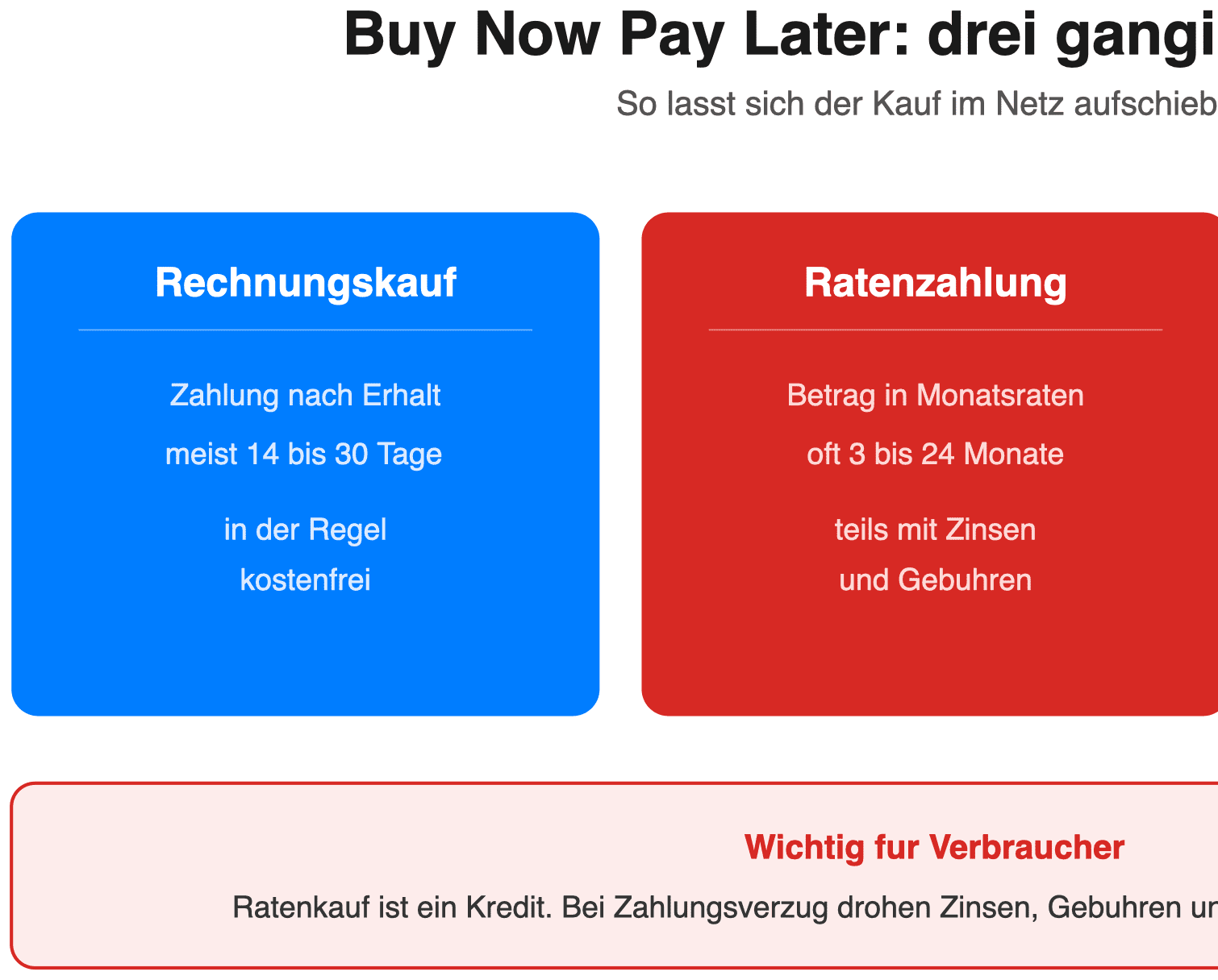 Infografik zu den drei Modellen von Buy Now Pay Later Rechnungskauf Ratenzahlung und spaeter zahlen