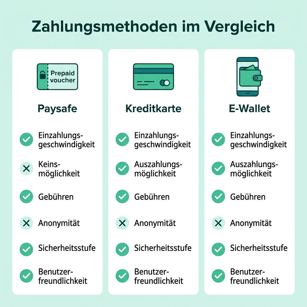 Infografik: Casino-Zahlungsmethoden Paysafe, Kreditkarte und E-Wallet im Vergleich