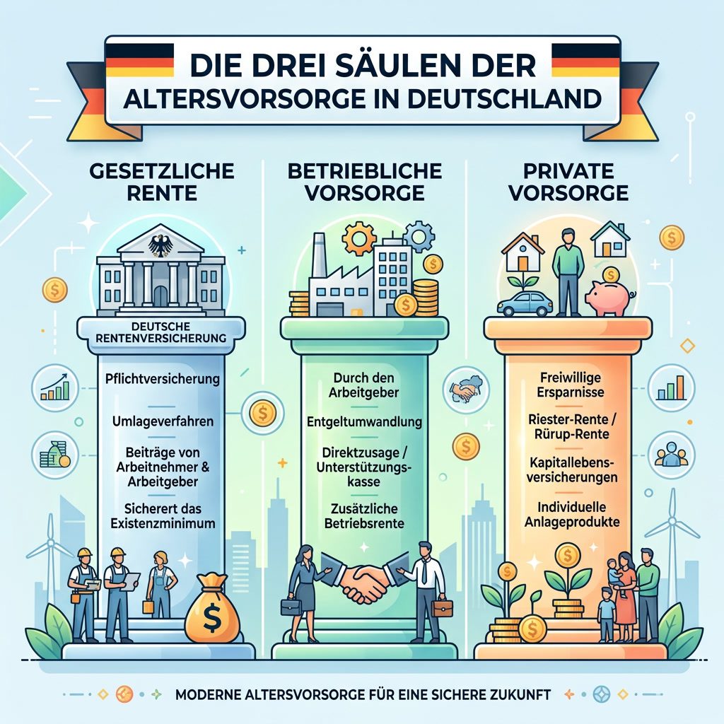 Infografik zu den drei Säulen der Altersvorsorge in Deutschland