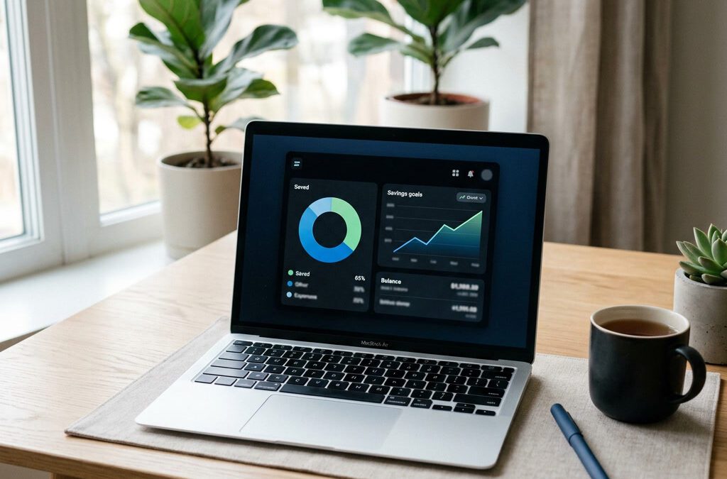 Laptop mit Finanz-App zeigt Sparkonto-Uebersicht, Symbolbild comdirect Tagesgeld