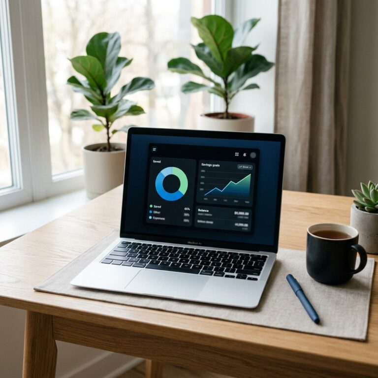 Laptop mit Finanz-App zeigt Sparkonto-Uebersicht, Symbolbild comdirect Tagesgeld