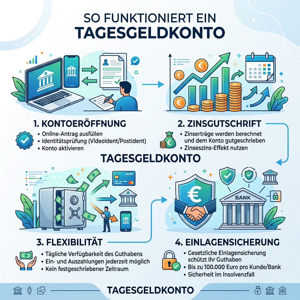 Infografik: So funktioniert ein Tagesgeldkonto - Kontoeröffnung, Zinsgutschrift, Flexibilität, Einlagensicherung