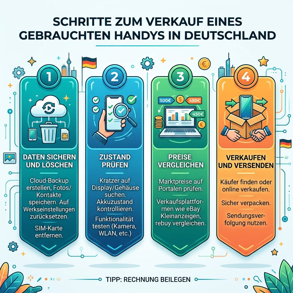 Infografik: Vier Schritte zum erfolgreichen Handy-Verkauf – Daten sichern und löschen, Zustand prüfen, Preise vergleichen, verkaufen und versenden