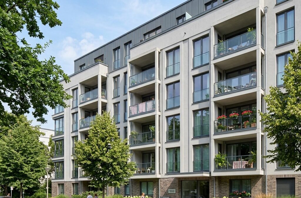 Moderne Wohngebäude-Fassade als Sinnbild für die Gebäudeversicherung bei Mietwohnungen