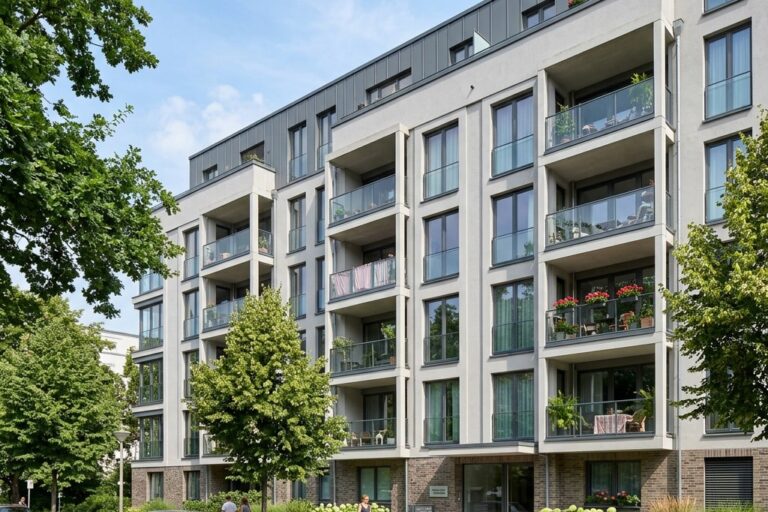 Moderne Wohngebäude-Fassade als Sinnbild für die Gebäudeversicherung bei Mietwohnungen